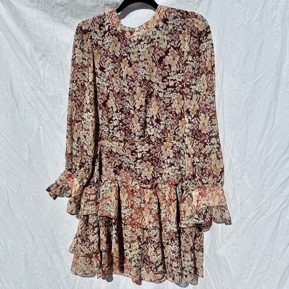 Warm Fall Floral Glitter Mini Dress with Tiered Skirt and Key Hole Back